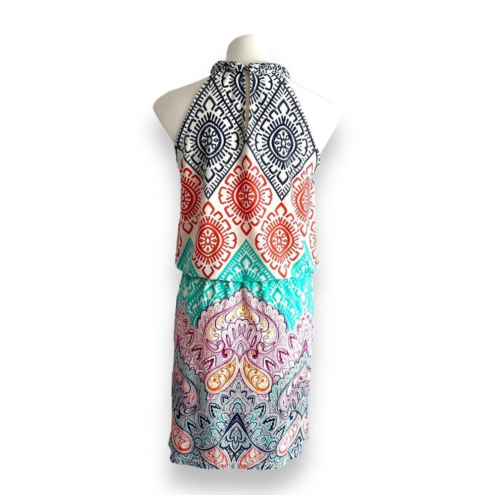 London Times Mini Dress Size 4 Halter Multicolor Geometric Paisley Bohemian Y2K - Picture 3 of 16